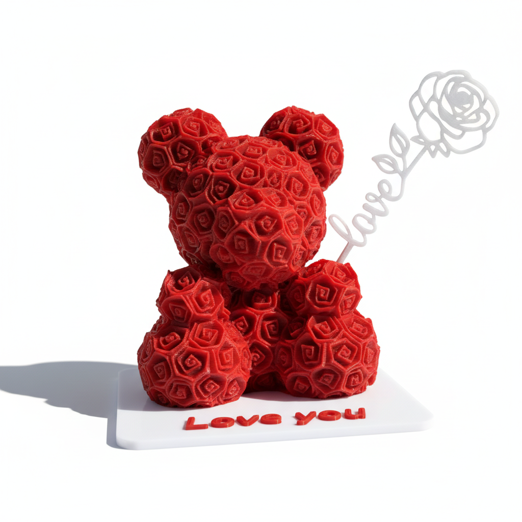 Ours en rose 3D « Je t'aime » – Ornement romantique imprimé en PLA