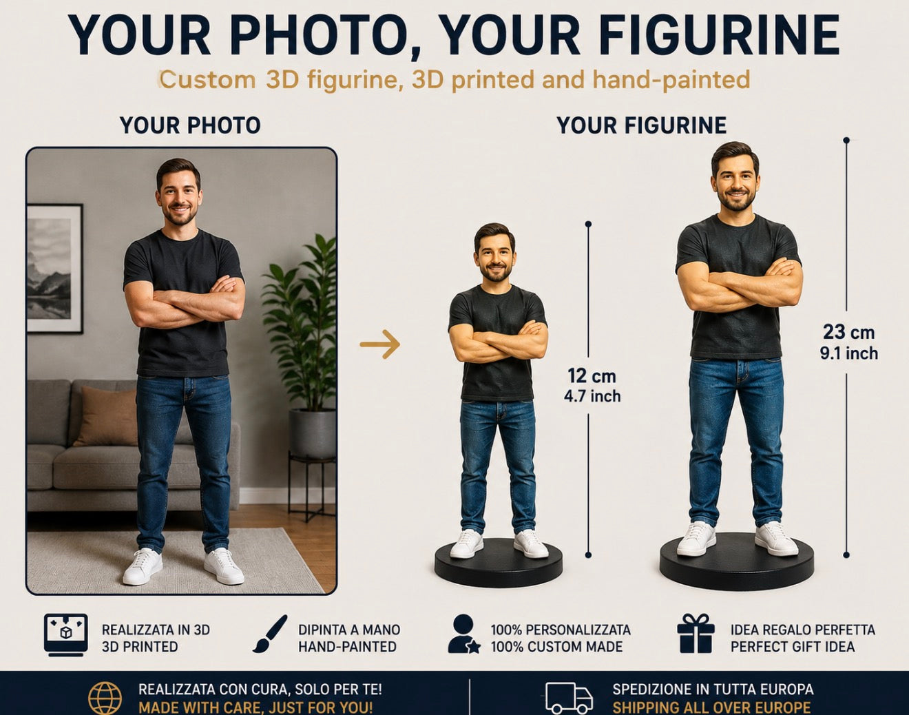 Statuetta 3D Personalizzata da Foto, Realizzata e Dipinta a Mano, Figurina Personalizzata in PLA, Regalo Unico e Originale